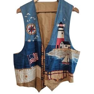 Vintage Handmade Sailing Vest Women 2X Blue Patchwork Cottage Lighthouse Ocean